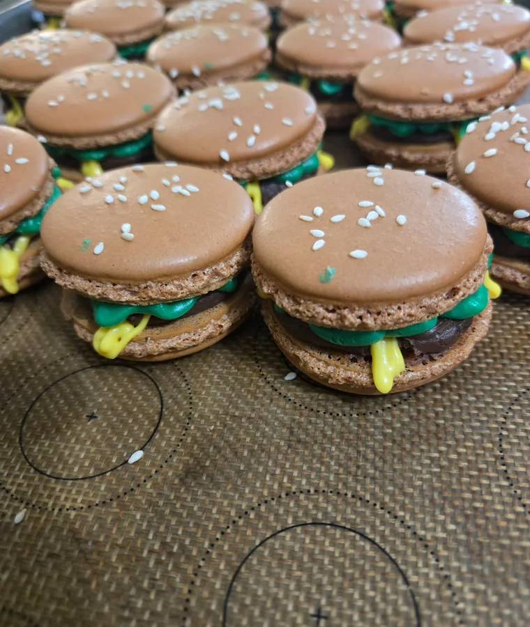 Playful hamburger-shaped macarons